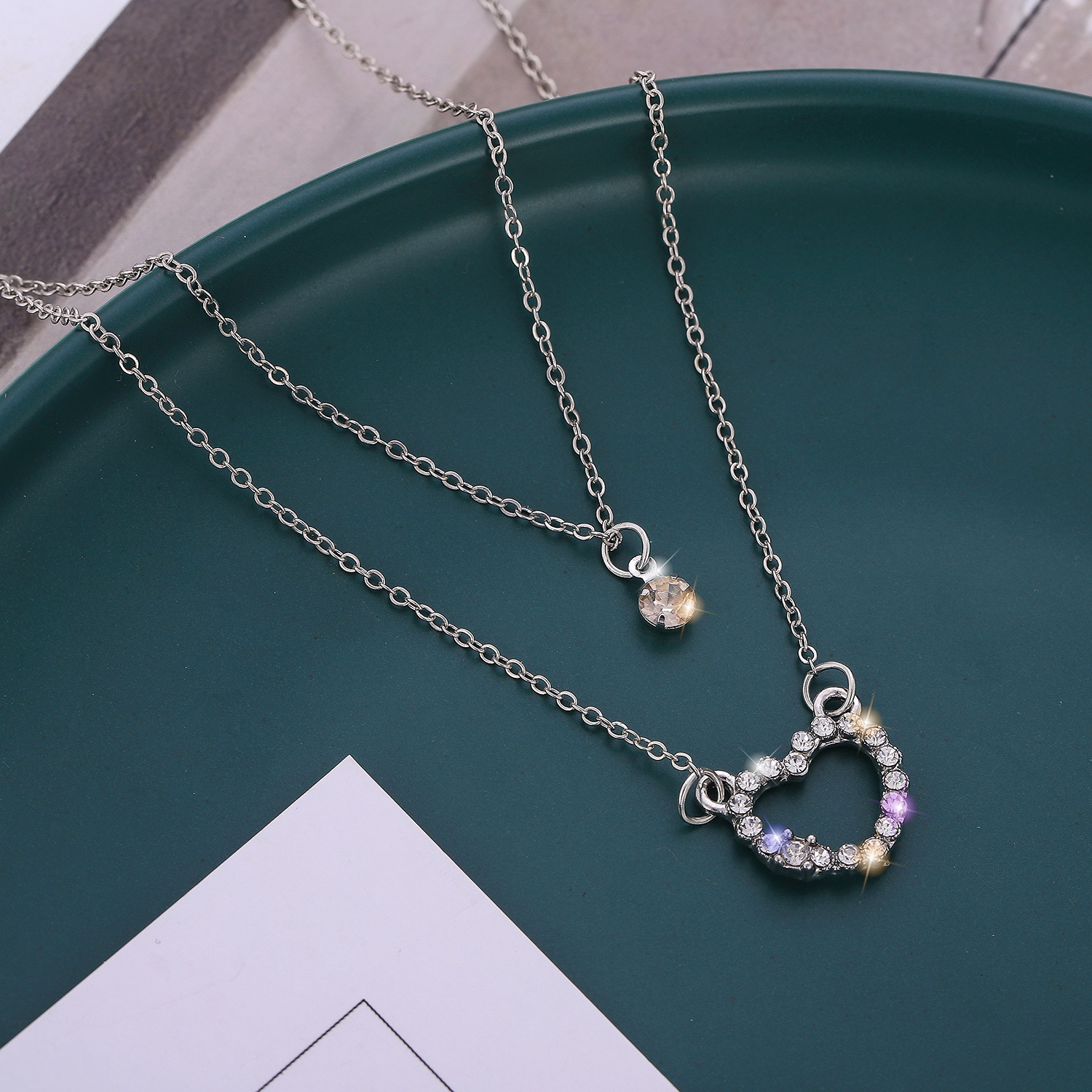 Double Heart Shiny Rhinestone Necklace Clavicle Chain Necklace Sweater Chain