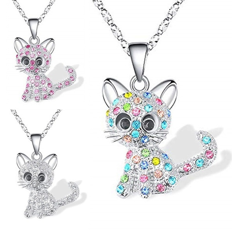 Cross-border Wish Cute Color Cat Diamond Pendant Simple Jewelry Female European And American Animal Cartoon Clavicle Chain Necklace