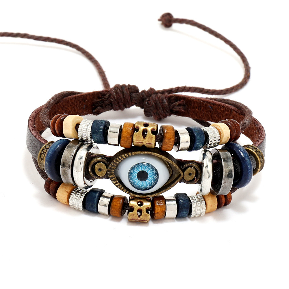 New Beaded Eyes Cowhide Bracelet Pull Adjustment Couple Leather Bracelet