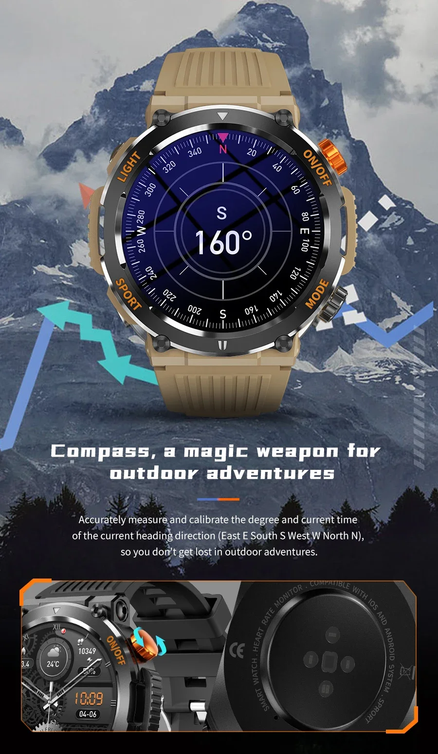 HT17 Smart Watch Men Women Compass Lighting Sports Fitness Watch IP67 Waterproof Bluetooth Call Health Monitor