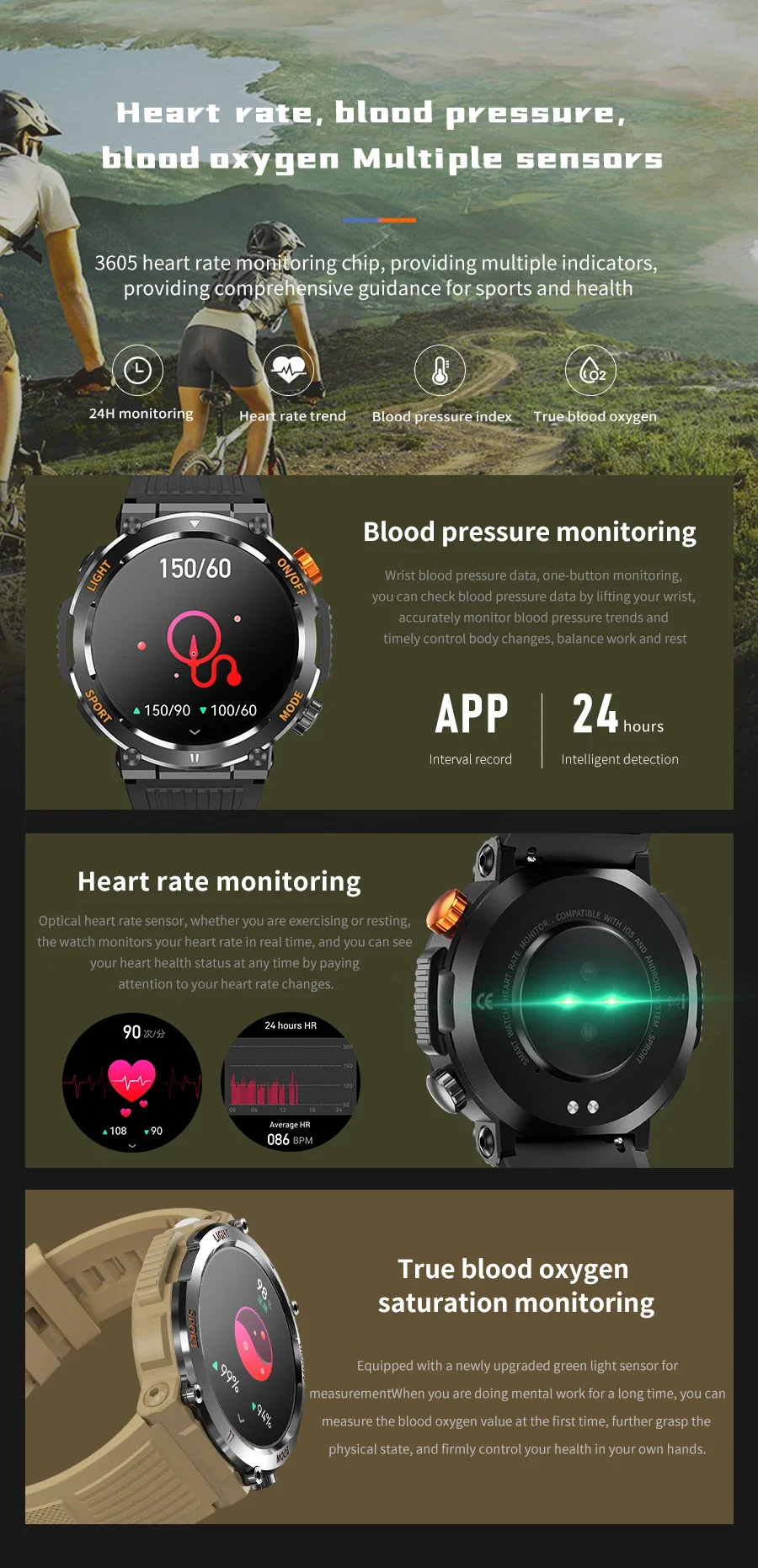 HT17 Smart Watch Men Women Compass Lighting Sports Fitness Watch IP67 Waterproof Bluetooth Call Health Monitor