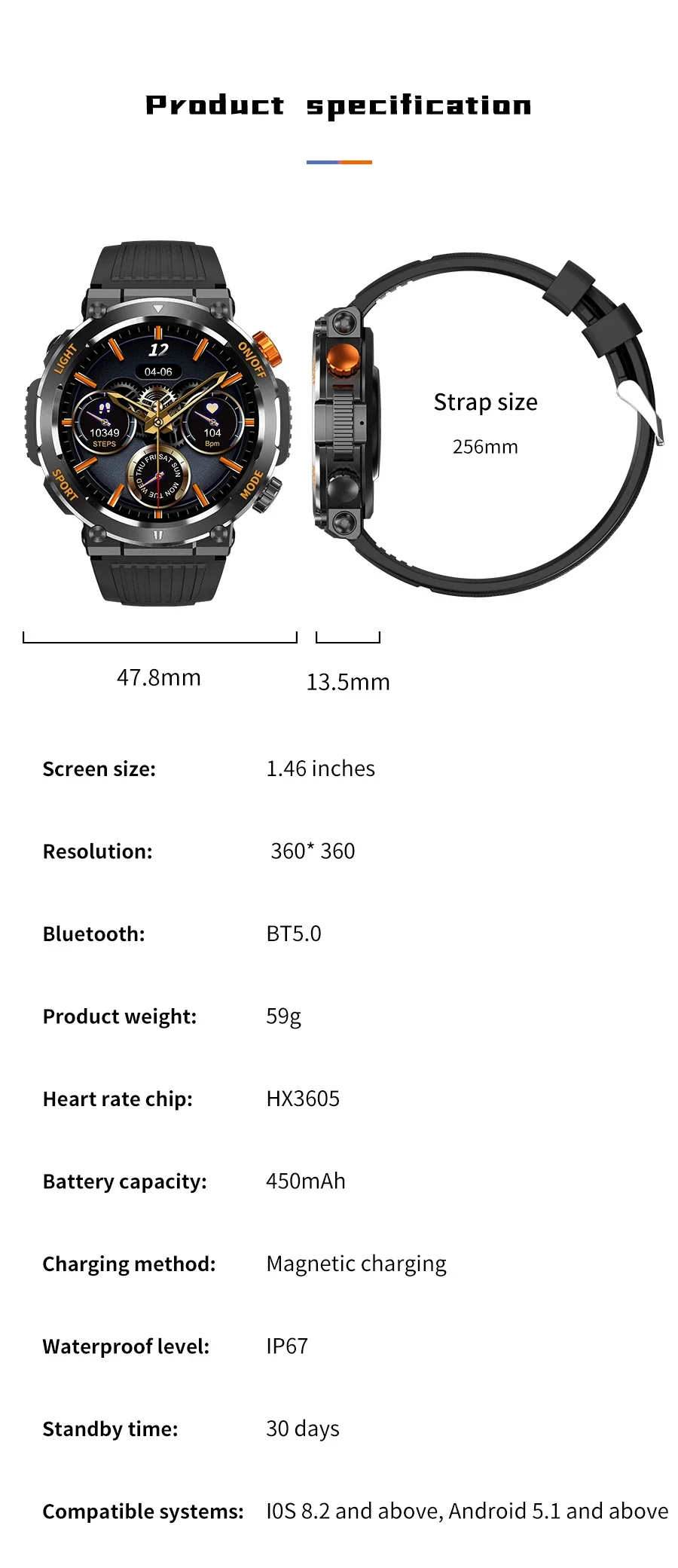 HT17 Smart Watch Men Women Compass Lighting Sports Fitness Watch IP67 Waterproof Bluetooth Call Health Monitor