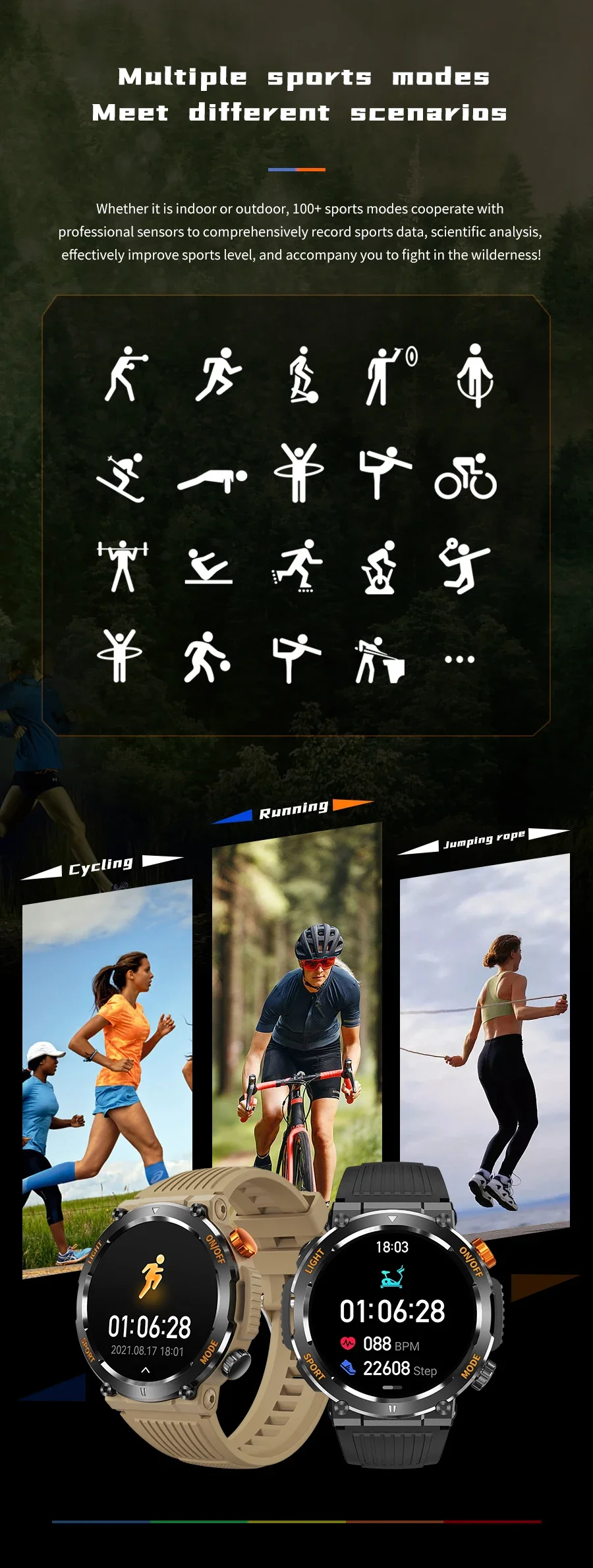 HT17 Smart Watch Men Women Compass Lighting Sports Fitness Watch IP67 Waterproof Bluetooth Call Health Monitor