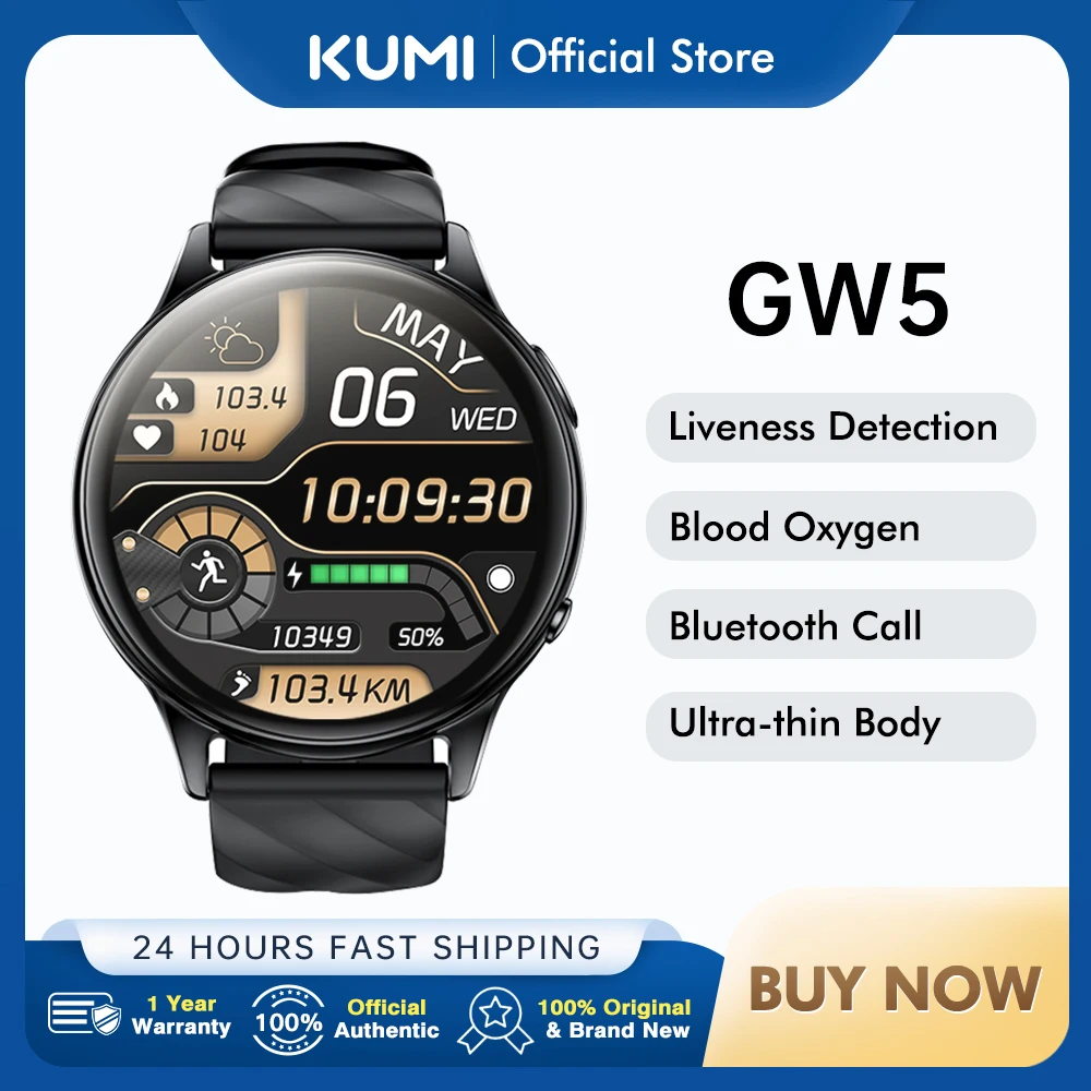 KUMI GW5 Smart Watch 1.39 inch NFC Bluetooth 5.2 100+ Sport Heart Rate Blood Pressure Oxygen Monitor Waterproof IP68