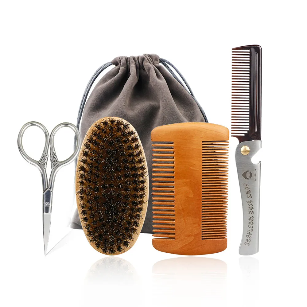 Natural Boar Bristle Wood Beard Brush Hairdresser Shaving Brush Men Mustache Comb With Gift Bag Beard Cleaning Hair Comb Set