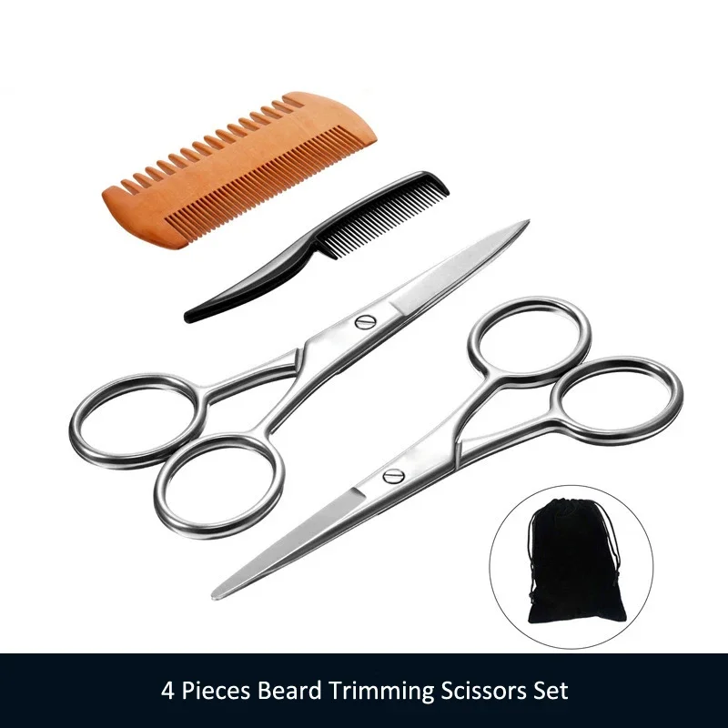 4 Pieces Beard Trimming Scissors Set, Grooming Scissors for Men Mustache Beard Comb Beard Trimmer Scissor Kit with Storage Bag