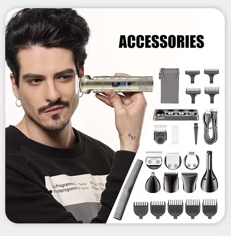 VGR Hair Trimmer 8 in 1 Beard Shaver Vintage Nose Body Trimmer Digital Display Set Professional Men's Grooming Kit for Men V-110
