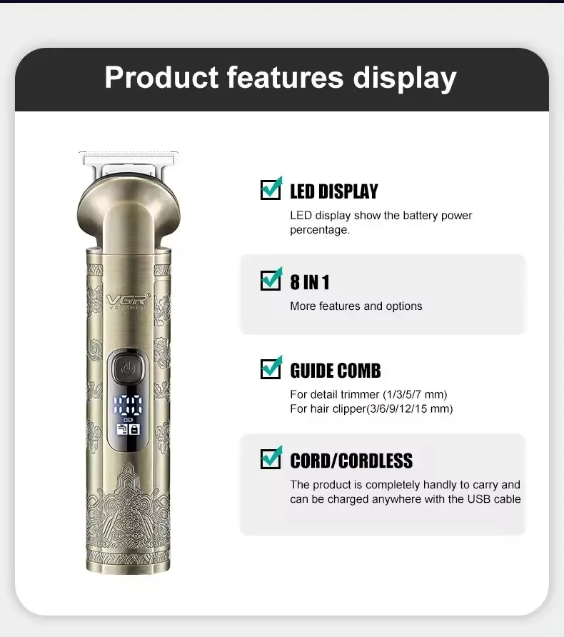 VGR Hair Trimmer 8 in 1 Beard Shaver Vintage Nose Body Trimmer Digital Display Set Professional Men's Grooming Kit for Men V-110