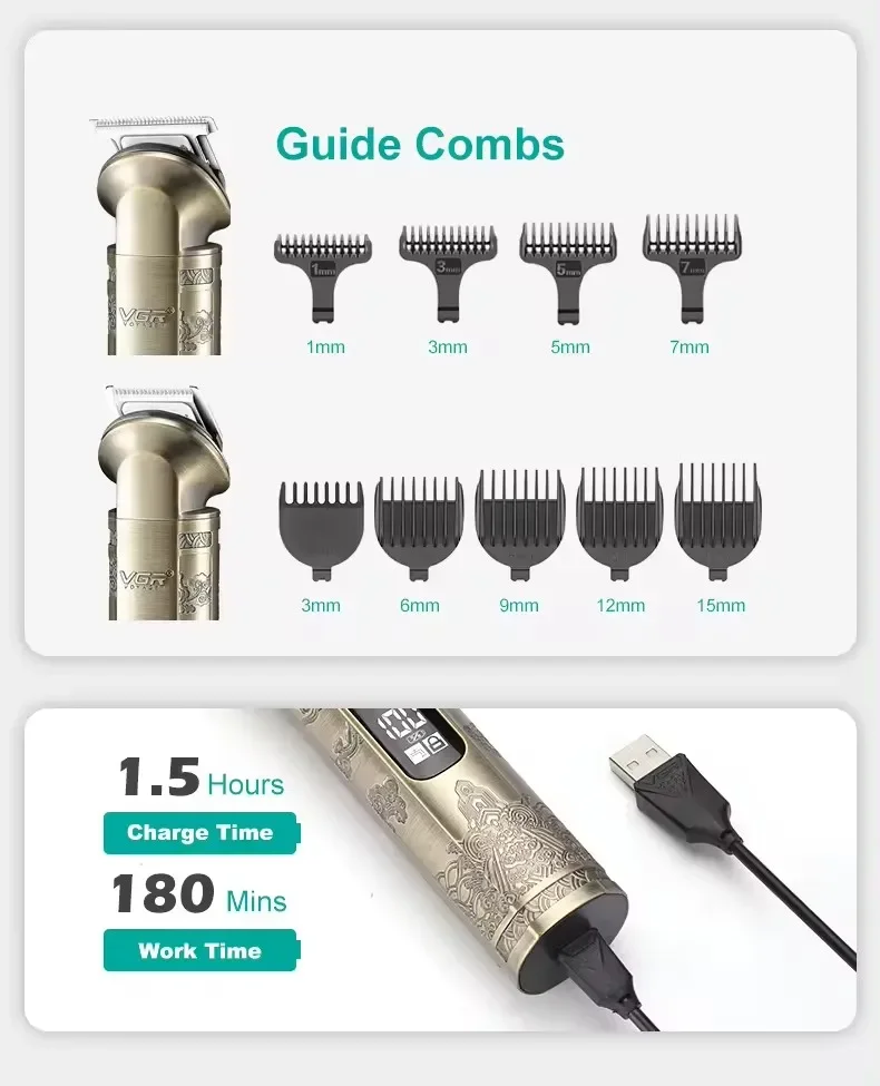 VGR Hair Trimmer 8 in 1 Beard Shaver Vintage Nose Body Trimmer Digital Display Set Professional Men's Grooming Kit for Men V-110