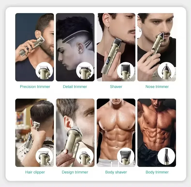 VGR Hair Trimmer 8 in 1 Beard Shaver Vintage Nose Body Trimmer Digital Display Set Professional Men's Grooming Kit for Men V-110