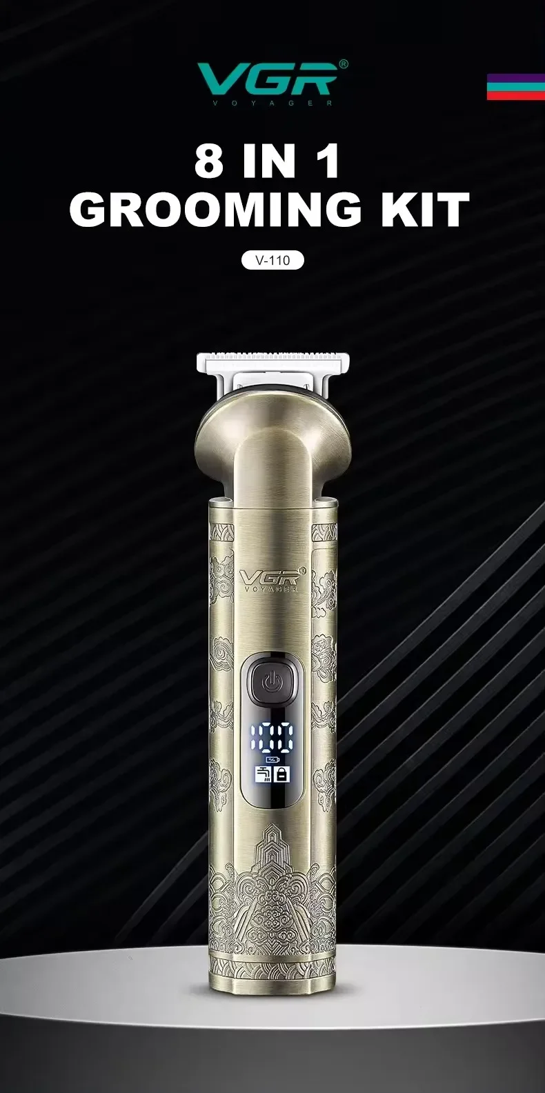 VGR Hair Trimmer 8 in 1 Beard Shaver Vintage Nose Body Trimmer Digital Display Set Professional Men's Grooming Kit for Men V-110