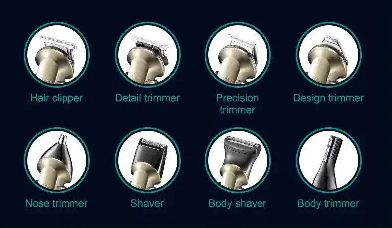 VGR Hair Trimmer 8 in 1 Beard Shaver Vintage Nose Body Trimmer Digital Display Set Professional Men's Grooming Kit for Men V-110