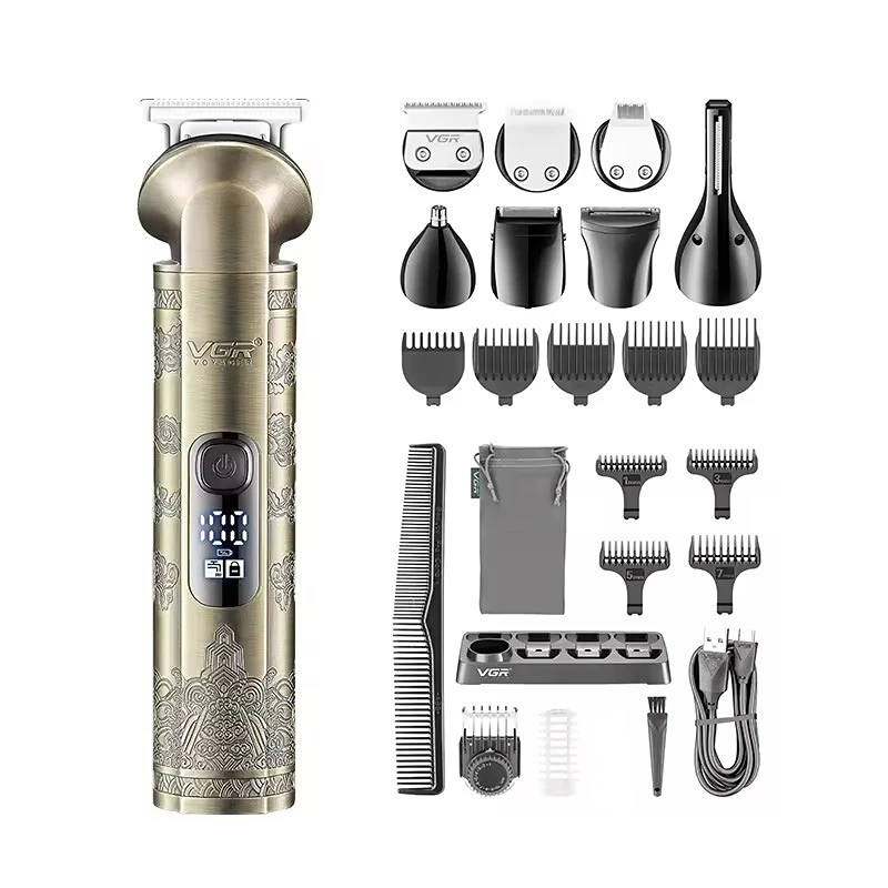 VGR Hair Trimmer 8 in 1 Beard Shaver Vintage Nose Body Trimmer Digital Display Set Professional Men’s Grooming Kit for Men V-110