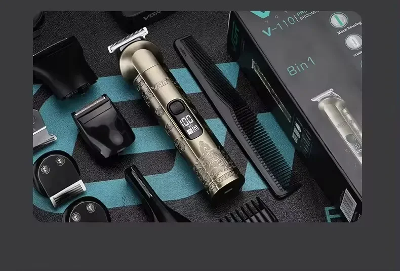 VGR Hair Trimmer 8 in 1 Beard Shaver Vintage Nose Body Trimmer Digital Display Set Professional Men's Grooming Kit for Men V-110