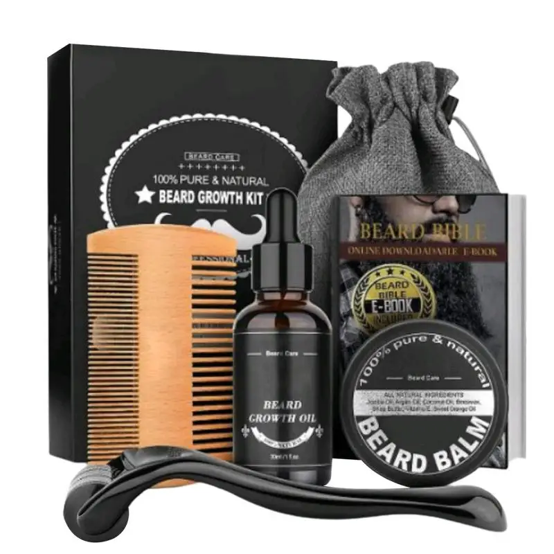 5pcs Men Beard Barba Grooming Beard Set Beard Growth oil Men Hair Enhancer Thicker Mustache Grooming Beard Care Oil comb bag