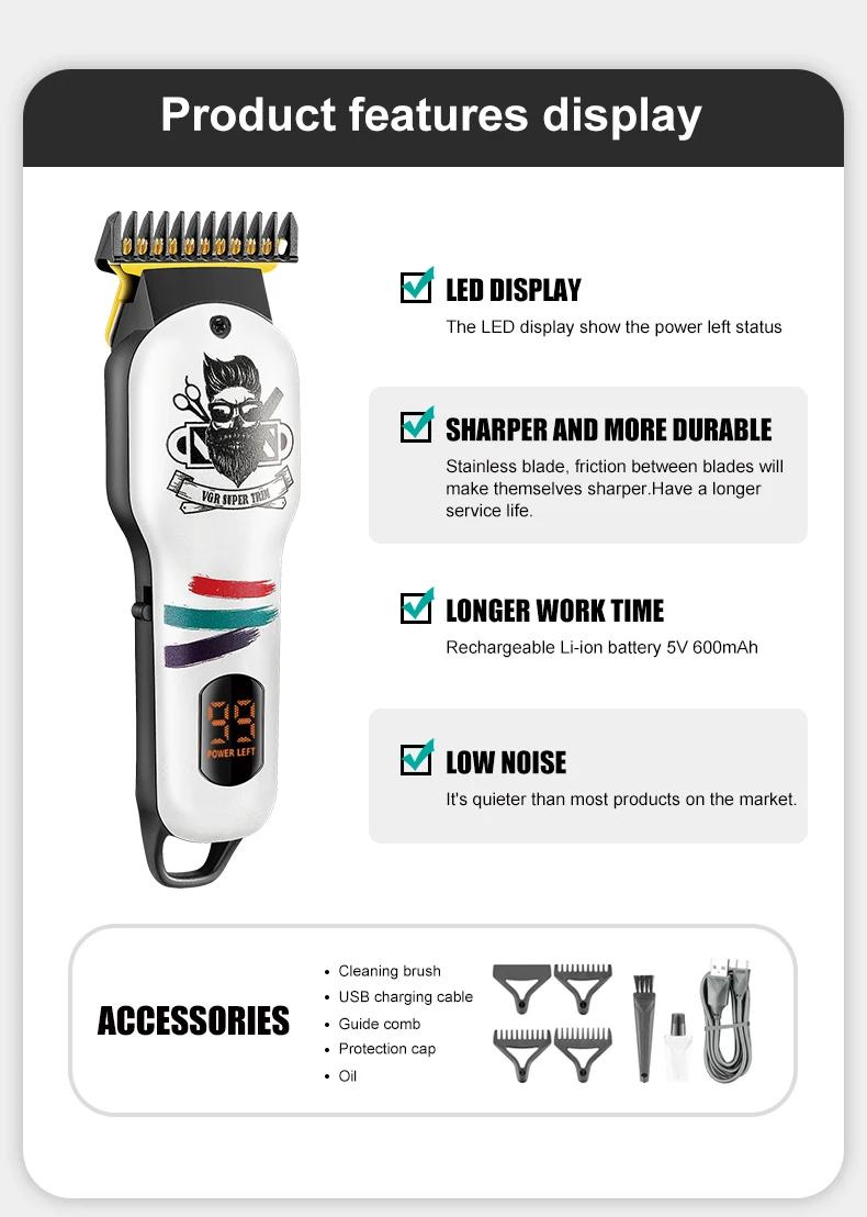 VGR V-971 Beard Trimmer Barber Clipper Cordless Professional Rechargeable Hair Trimmer for Men Fireplaces and Stoves Accesories