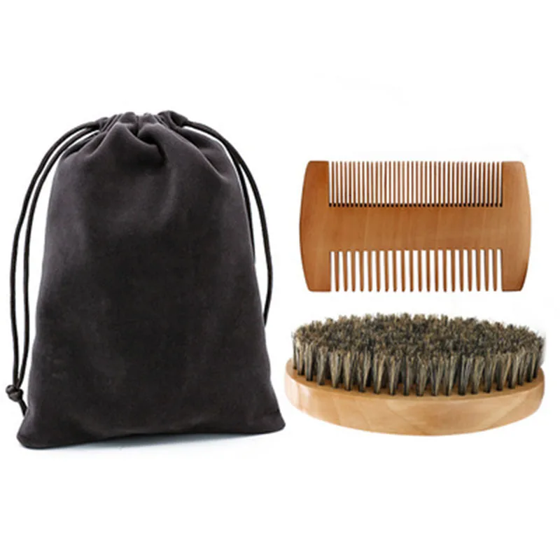 Professional Soft Boar Bristle Wood Beard Brush Hairdresser Shaving Brush Comb Men Mustache Comb Kit With Gift Bag Hair Comb Set