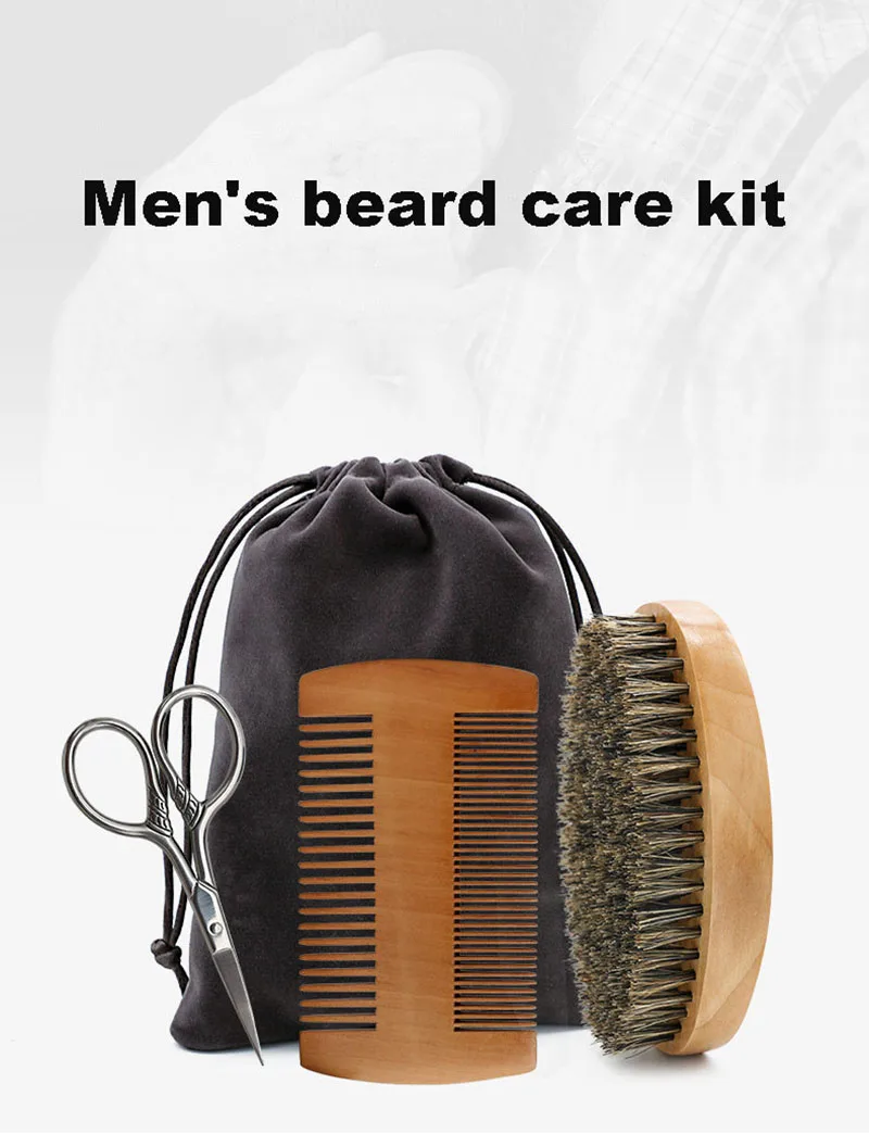 Professional Soft Boar Bristle Wood Beard Brush Hairdresser Shaving Brush Comb Men Mustache Comb Kit With Gift Bag Hair Comb Set