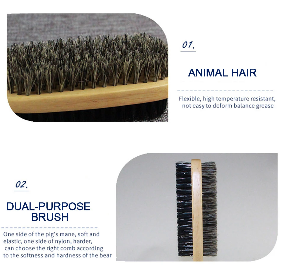 1PC Men Boar Bristle Hair Brush S/M/L Natural Wooden Wave Brush for Male Beard Hairbrush Dual-purpose Double-sided Beard Brush