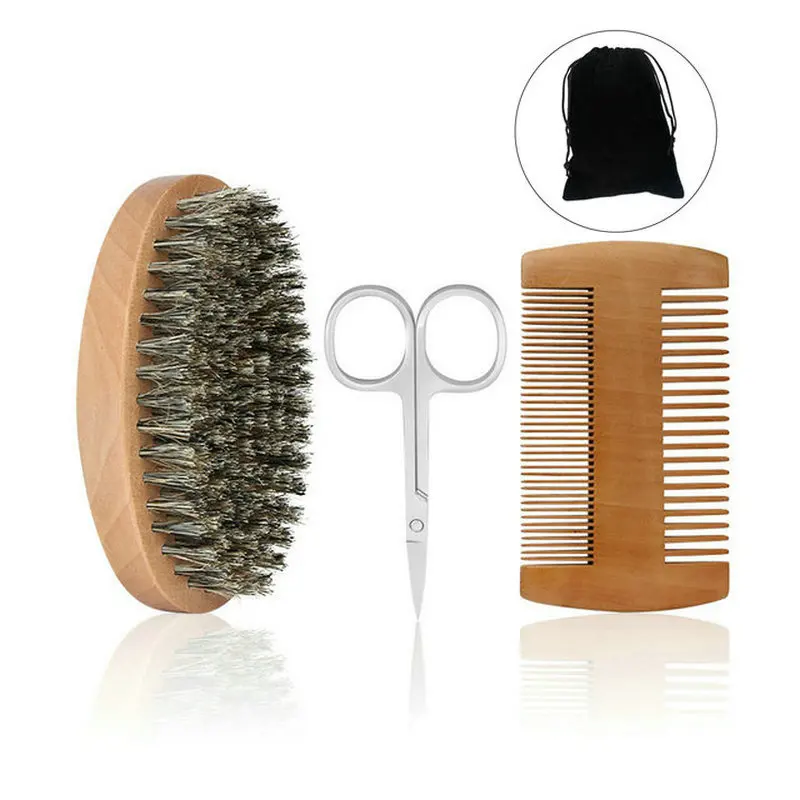 Professional Soft Boar Bristle Beard Brush Scissors Shaving Brush Comb Men Mustache Comb Kit With Gift Bag Beard Comb Set