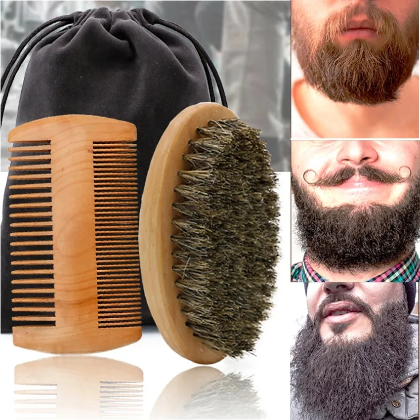 Professional Soft Boar Bristle Beard Brush Scissors Shaving Brush Comb Men Mustache Comb Kit With Gift Bag Beard Comb Set