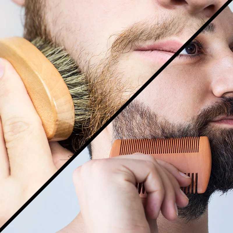 Two-sided Boar Bristle Men's Shaving Brush Portable Barber Natural Beech Beard Brushes Comb for Facial Cleaning Mustache Tools