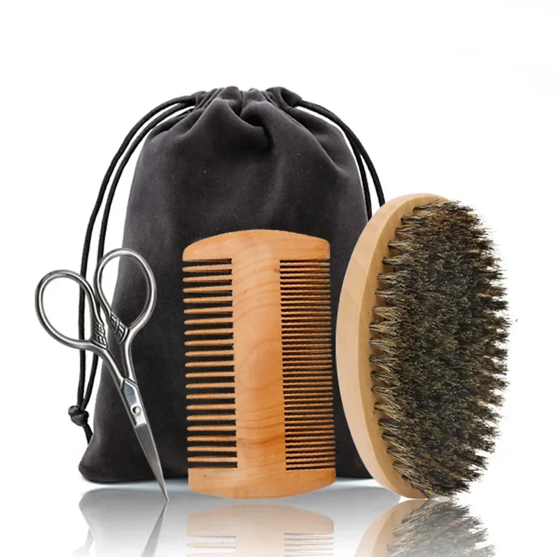 Two-sided Boar Bristle Men’s Shaving Brush Portable Barber Natural Beech Beard Brushes Comb for Facial Cleaning Mustache Tools