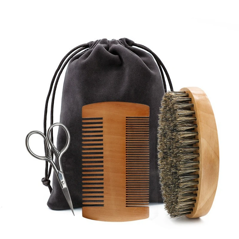 Men’s Shaving Brush Set Boar Bristle Portable Barber Natural Beard Brush Comb Scissors for Facial Cleaning Styling Tool