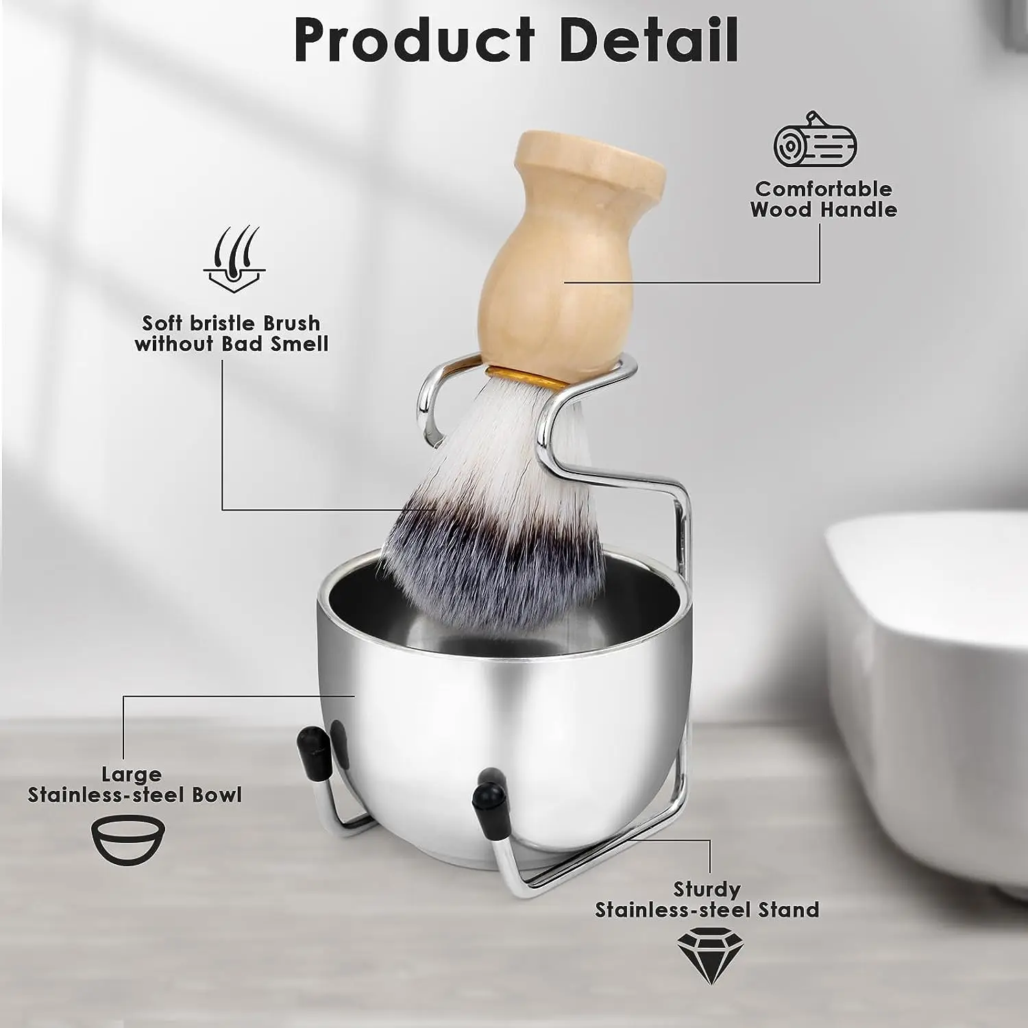 Mens Shaving Brush and Bowl Set, 3-in-1 Shaving Brush Kit Wood Handle with Stainless Steel Shaving Bowl & Brush Standas