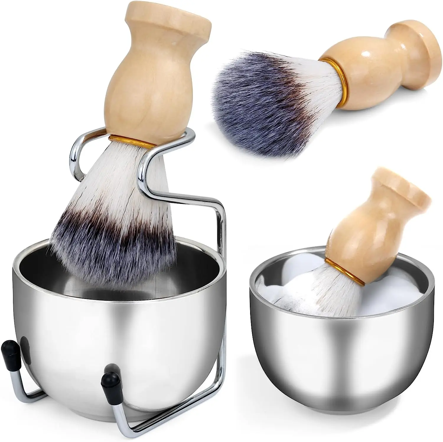 Mens Shaving Brush and Bowl Set, 3-in-1 Shaving Brush Kit Wood Handle with Stainless Steel Shaving Bowl & Brush Standas