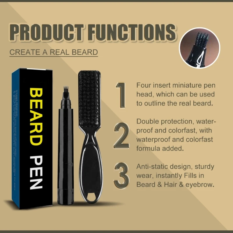 Beard Pencil Filler with 4 Tip Applicator Brush Long Lasting Creates Natural Looking Beard Moustache Eyebrows for Men