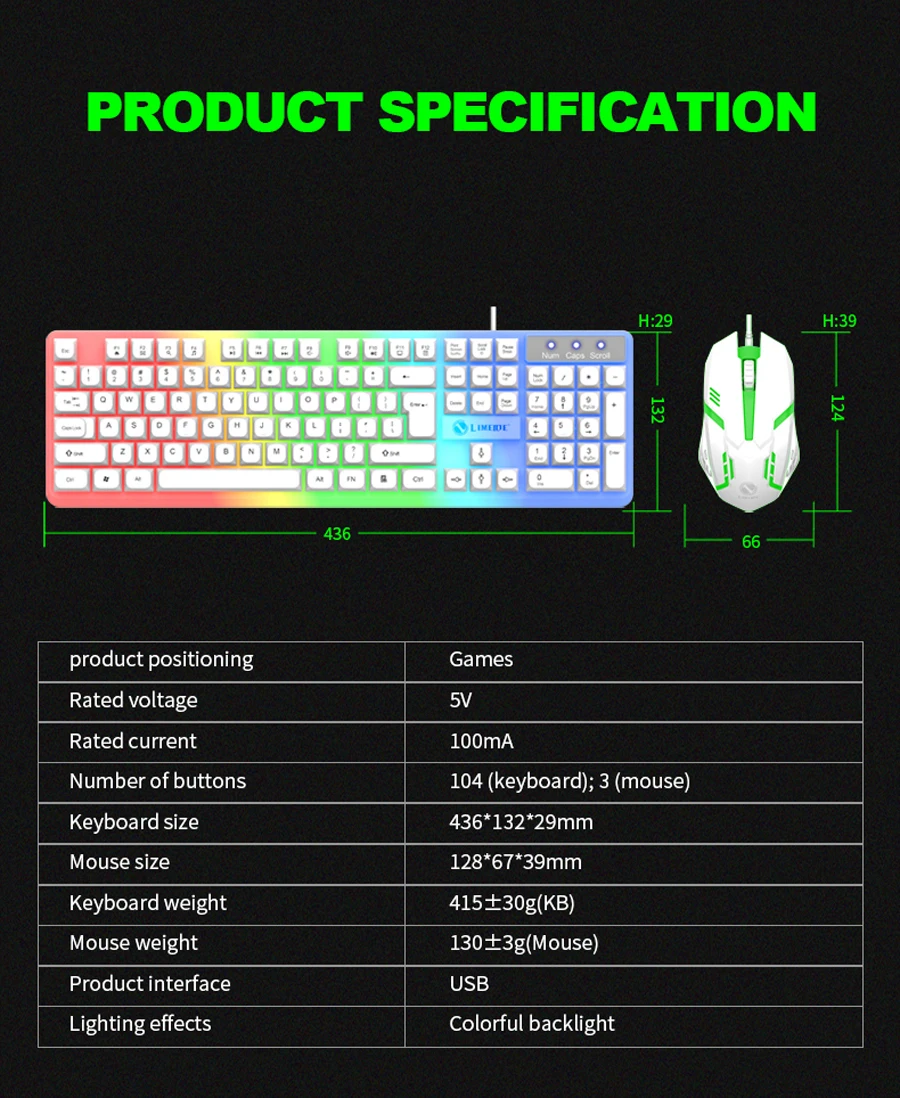 LIMEIDE GTX350 Series Wired 104 Keys Membrane Keyboard Many Kinds of Colorful Lighting Gaming and Office For Windows and IOS