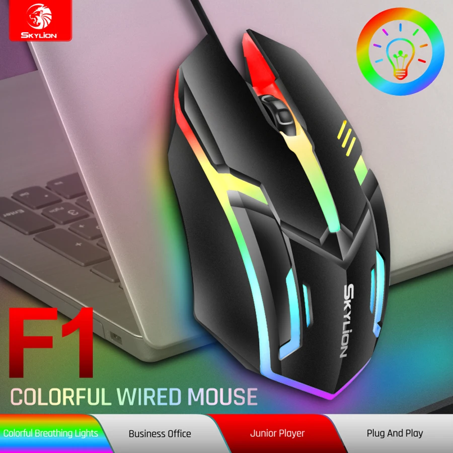 SKYLION F1 Wired 3 Keys Mouse Colorful Lighting Gaming and Office For Microsoft Windows and Apple IOS System