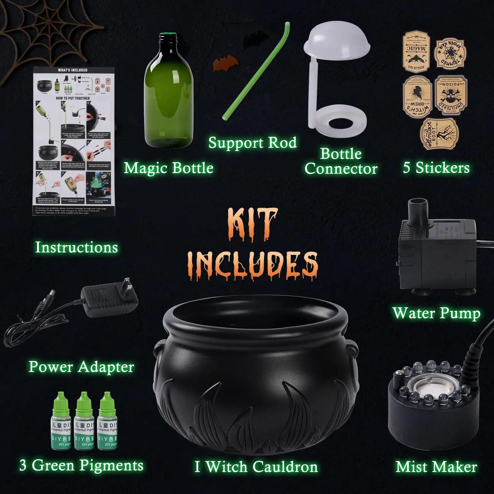 DIY Floating Potion Set with Witches Cauldron and Mist Maker Halloween Decor Spooky Vintage Black Bowl Hocus Pocus Party Decor