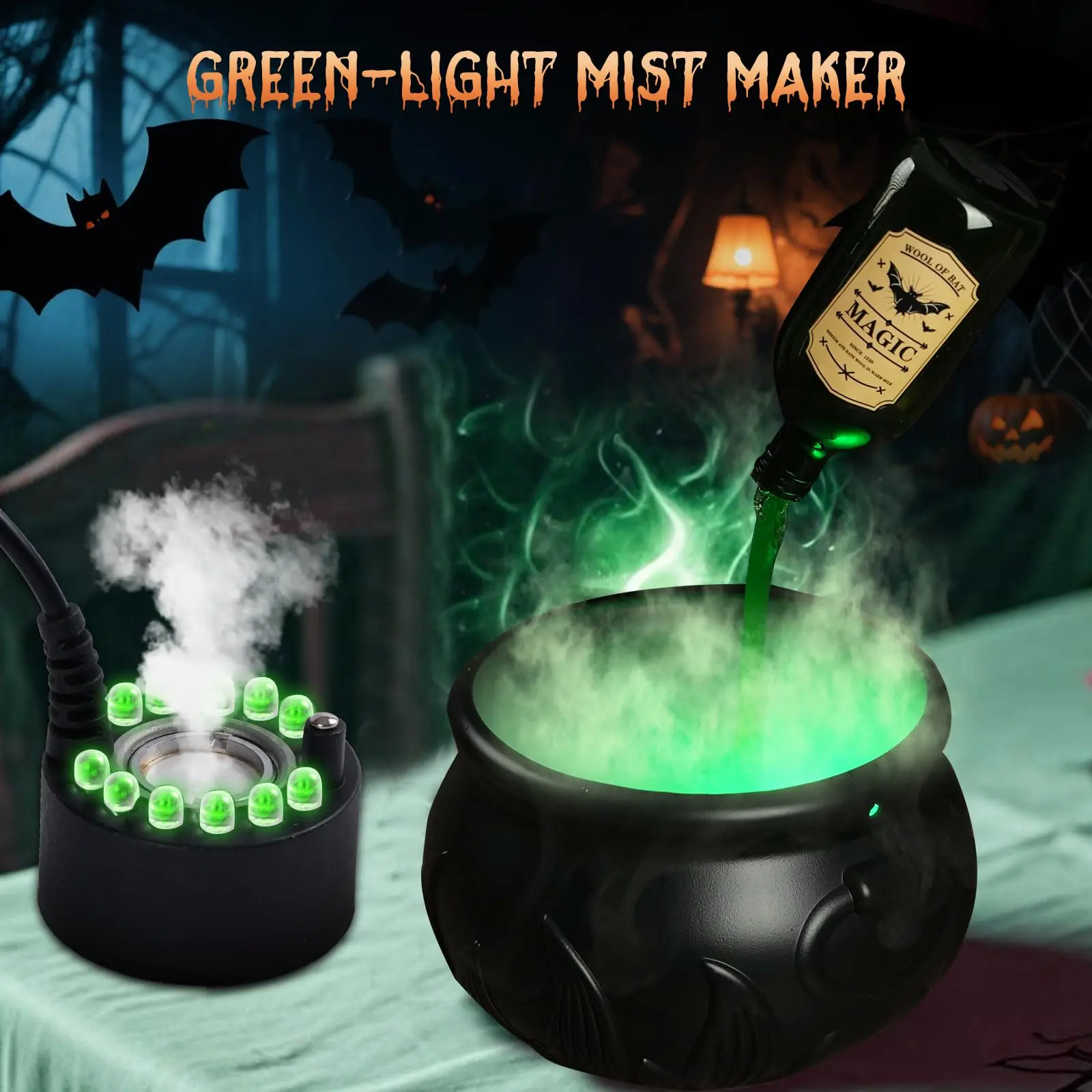 DIY Floating Potion Set with Witches Cauldron and Mist Maker Halloween Decor Spooky Vintage Black Bowl Hocus Pocus Party Decor