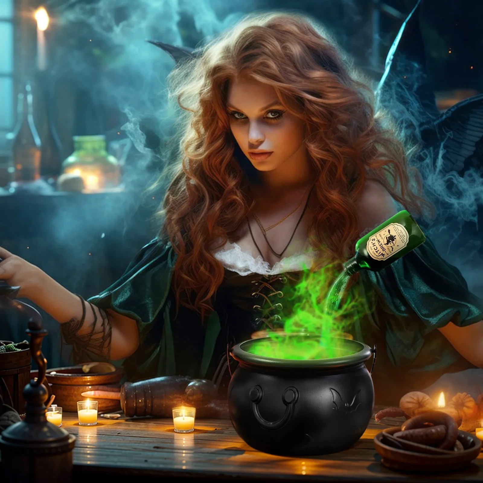 Halloween Decorations Indoor - Witch's Cauldron With Magical Bottles & Fog Maker, Floating Potion DIY, Party Decoration