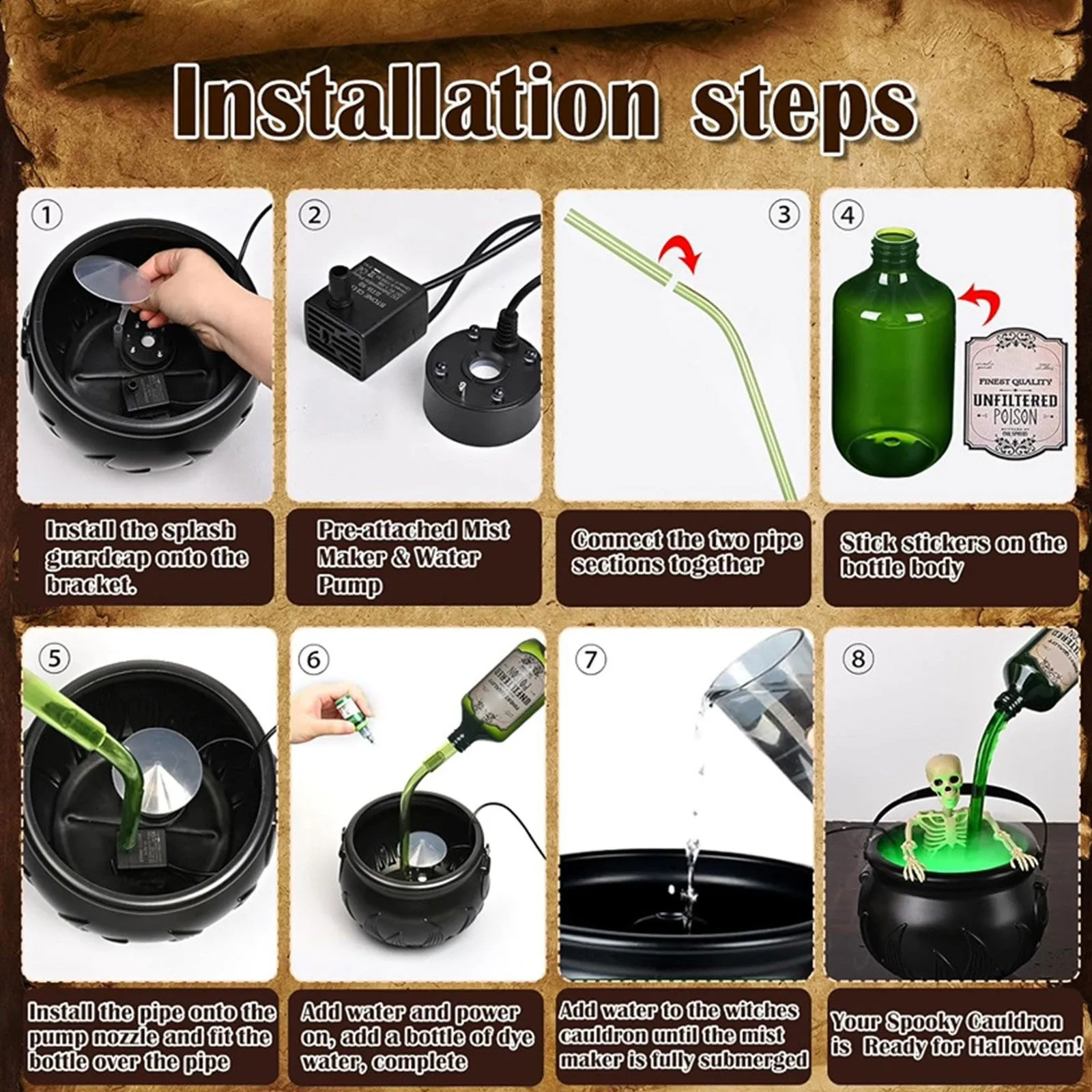 Halloween Decorations Indoor - Witch's Cauldron With Magical Bottles & Fog Maker, Floating Potion DIY, Party Decoration