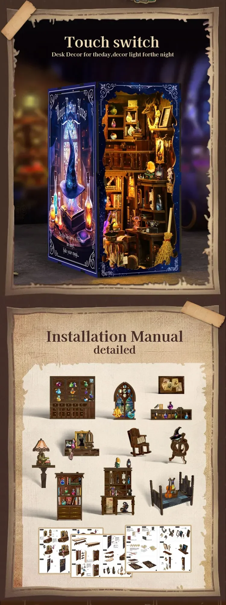 DIY Wooden Book Nook Shelf Insert Magic Potion House Miniature Model Kits Bookshelf With Light Bookend for Friends Birthday Gift DIY Wooden Book Nook Shelf Insert Magic Potion House Miniature Model Kits Bookshelf With Light Bookend for Friends Birthday Gift