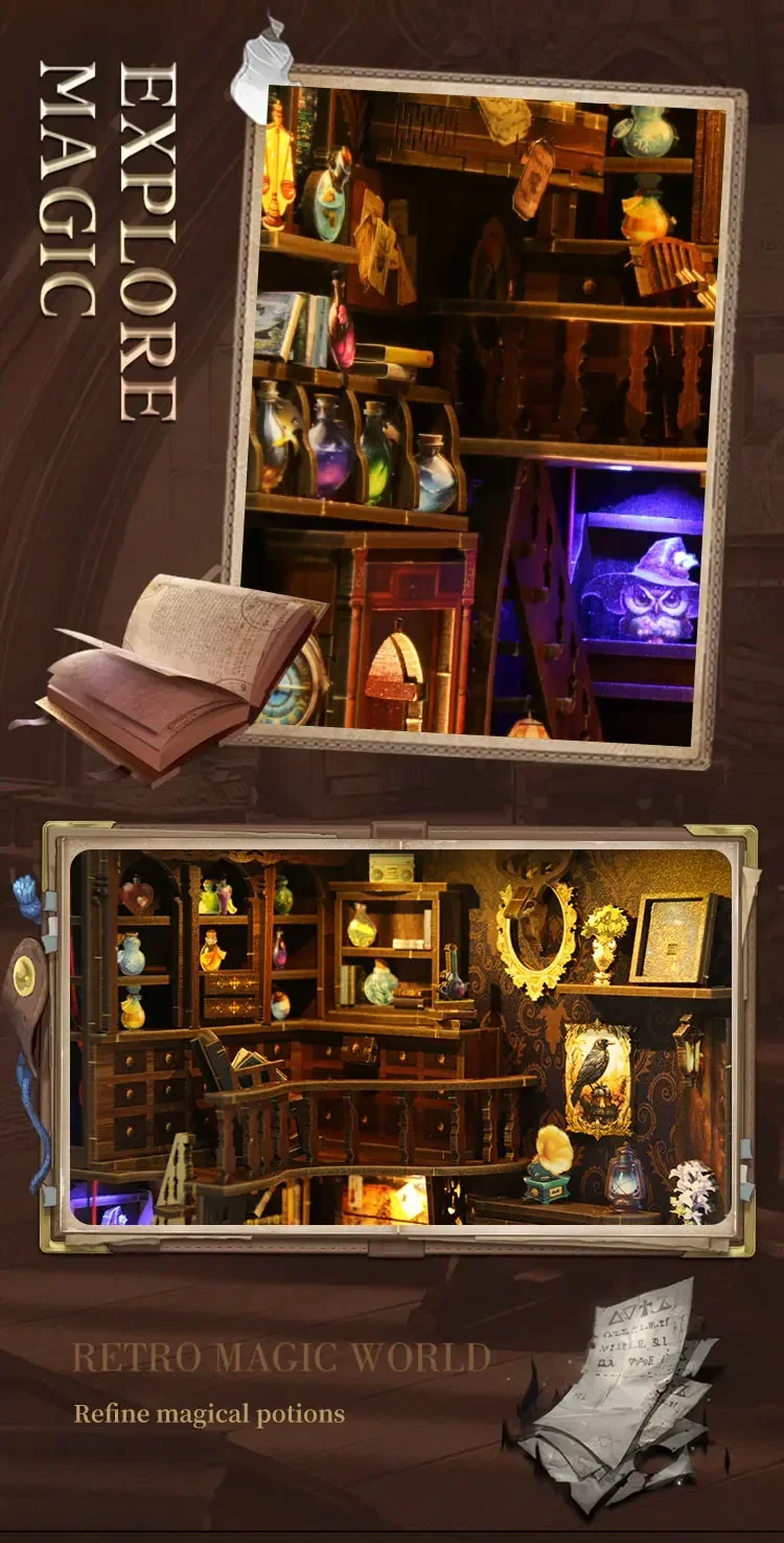 DIY Wooden Book Nook Shelf Insert Magic Potion House Miniature Model Kits Bookshelf With Light Bookend for Friends Birthday Gift DIY Wooden Book Nook Shelf Insert Magic Potion House Miniature Model Kits Bookshelf With Light Bookend for Friends Birthday Gift