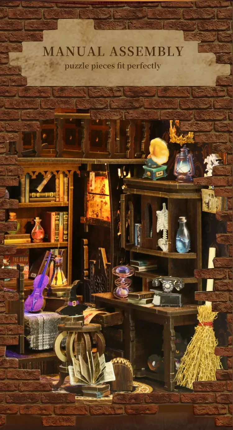 DIY Wooden Book Nook Shelf Insert Magic Potion House Miniature Model Kits Bookshelf With Light Bookend for Friends Birthday Gift DIY Wooden Book Nook Shelf Insert Magic Potion House Miniature Model Kits Bookshelf With Light Bookend for Friends Birthday Gift